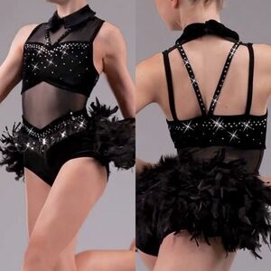 WEISSMAN elite solo Dance Costume black Crystal feathers Leotard 15752 MA adult